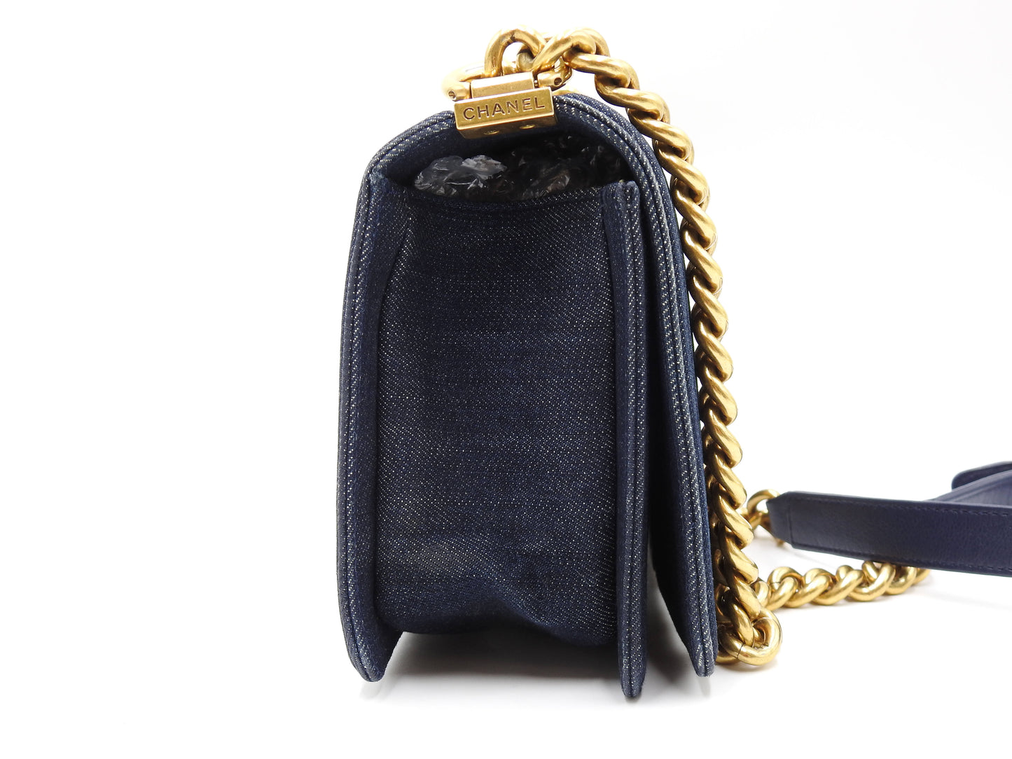 CHANEL Medium Boy Flap 25 Chain Shoulder Bag Denim Tweed Blue Gold A67086