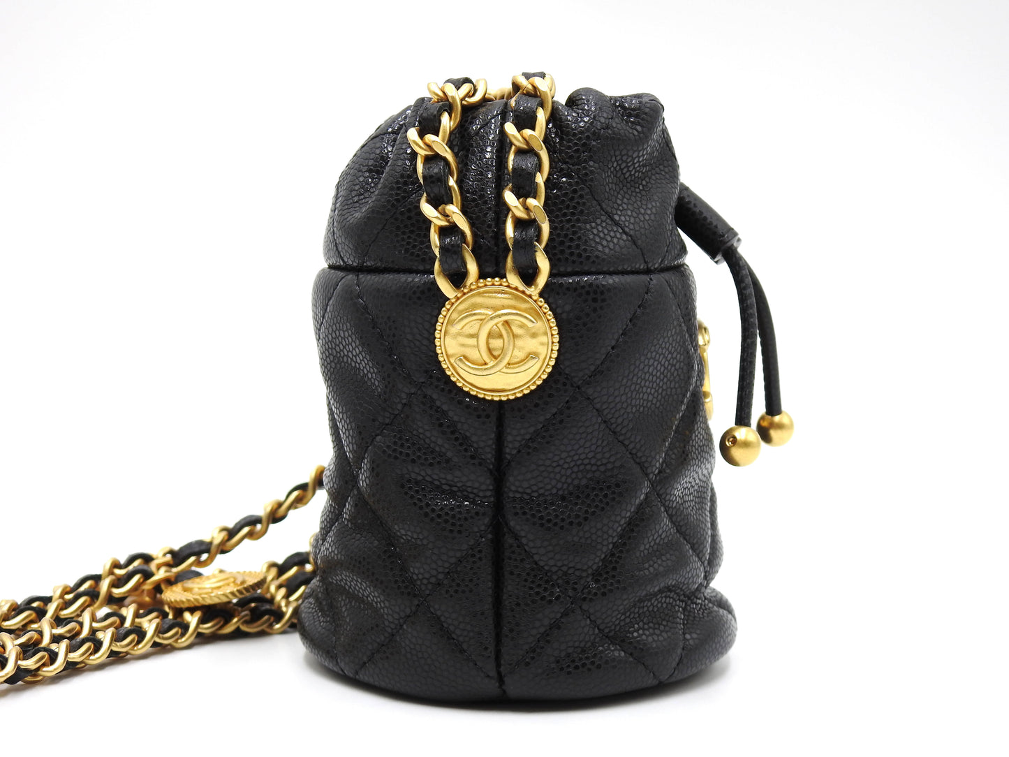 CHANEL CC Matelasse Mini Chain Bucket Shoulder Bag Caviarskin Black Gold