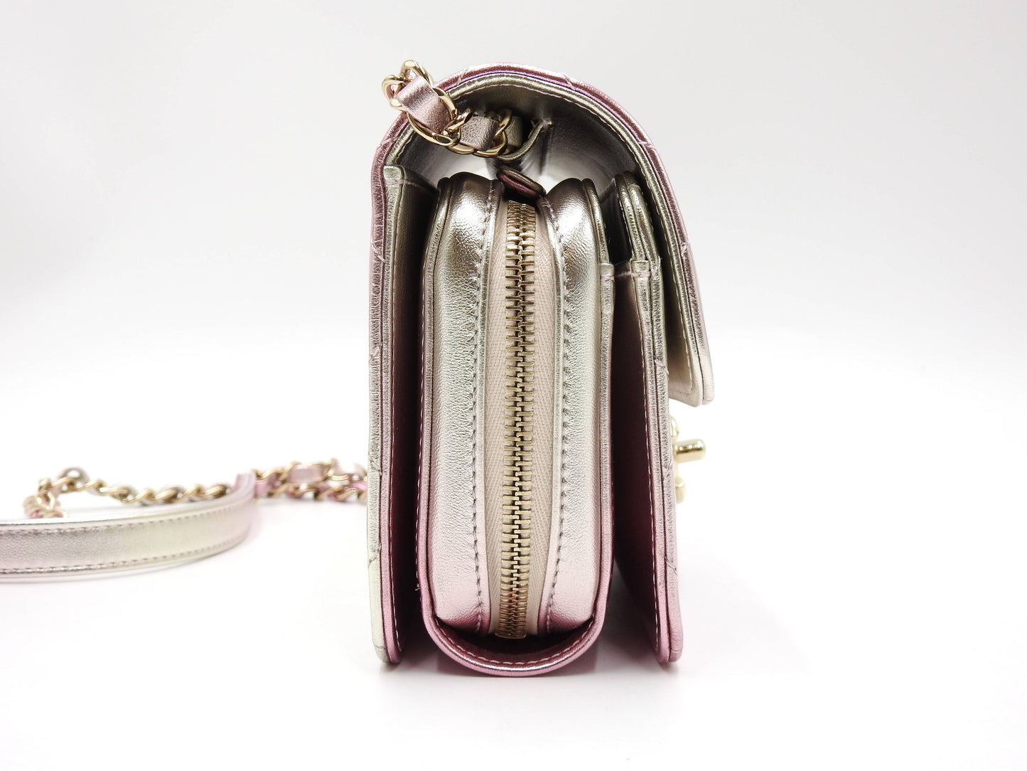CHANEL Mini Flap Chain Shoulder Bag Lambskin Metallic Silver Pink AS3002