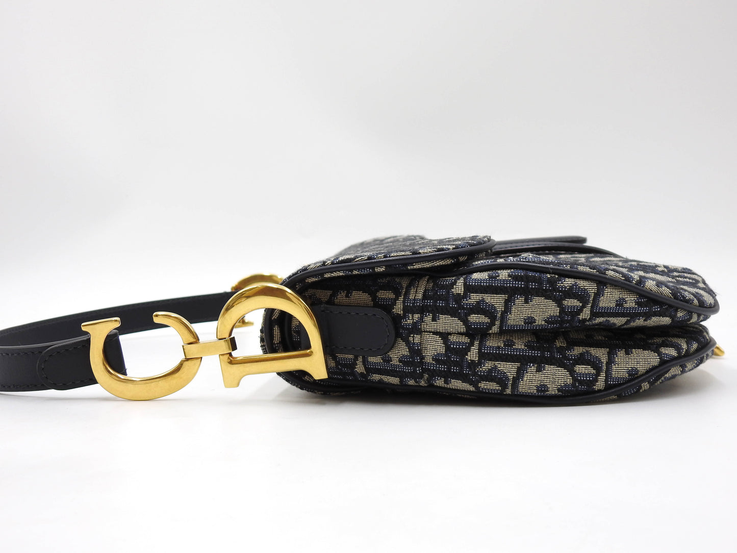 Christian Dior Oblique Jacquard Saddle Bag Shoulder Hand Bag Leather Navy