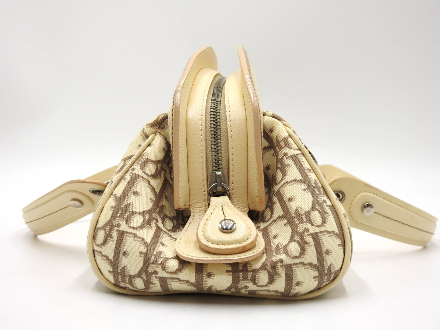 Christian Dior Trotter Embroidered Flower Hand Bag Canvas Leather Beige