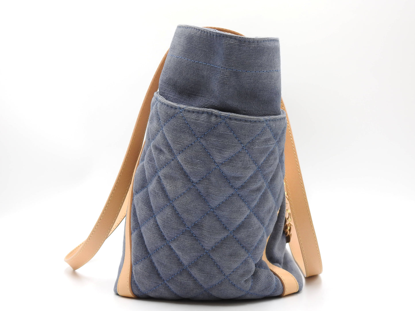 CHANEL CC Flower Shoulder Tote Bag Washed Denim Leather Blue Beige