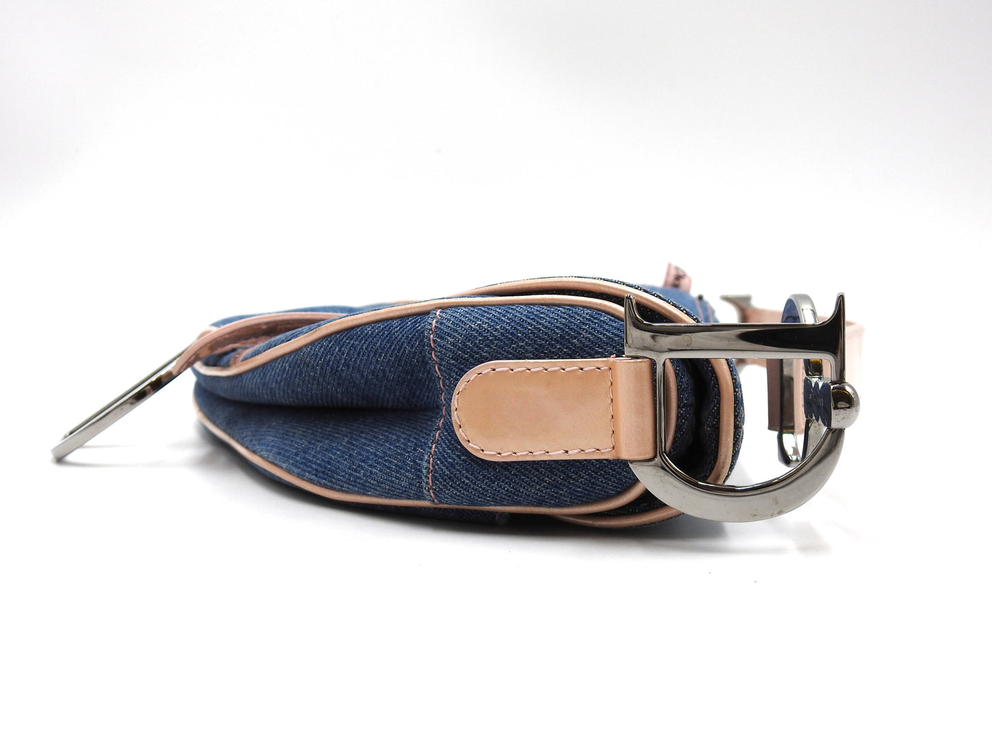 Christian Dior Saddle Bag Shoulder Hand Bag Denim Patent Leather Blue PInk