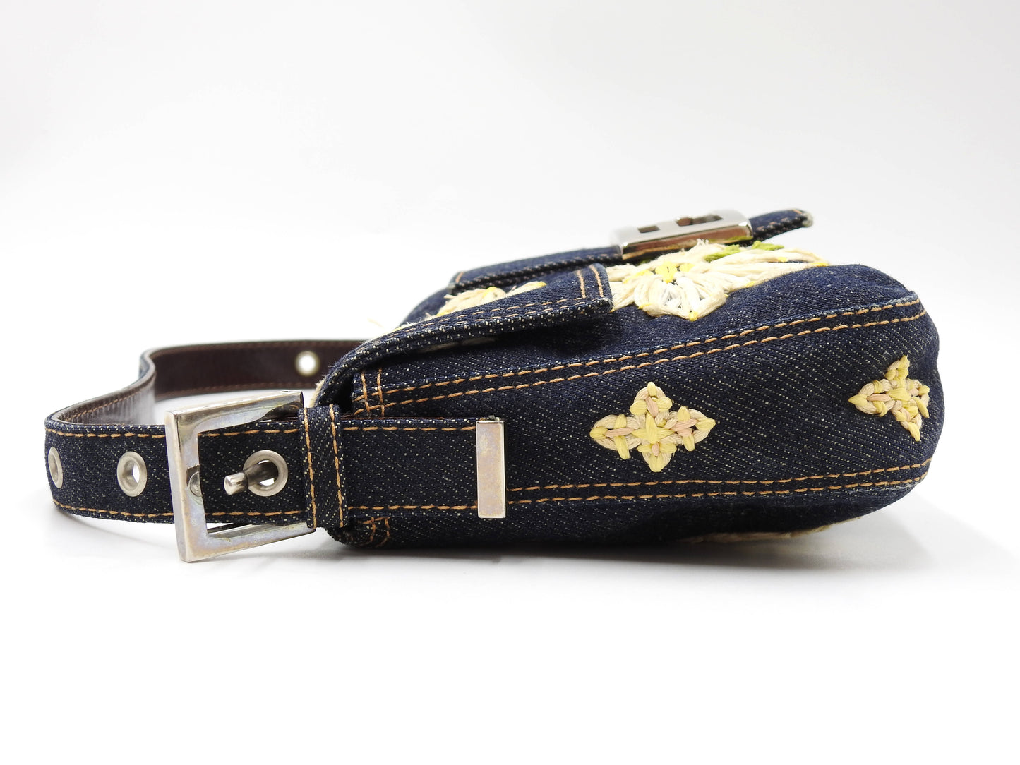 FENDI Denim Mamma Baguette Shoulder Hand Bag Flower Embroidered Navy
