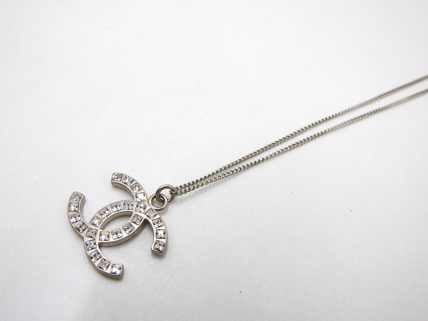 CHANEL CC Rhinestone Pendant Necklace SV Silver B12P