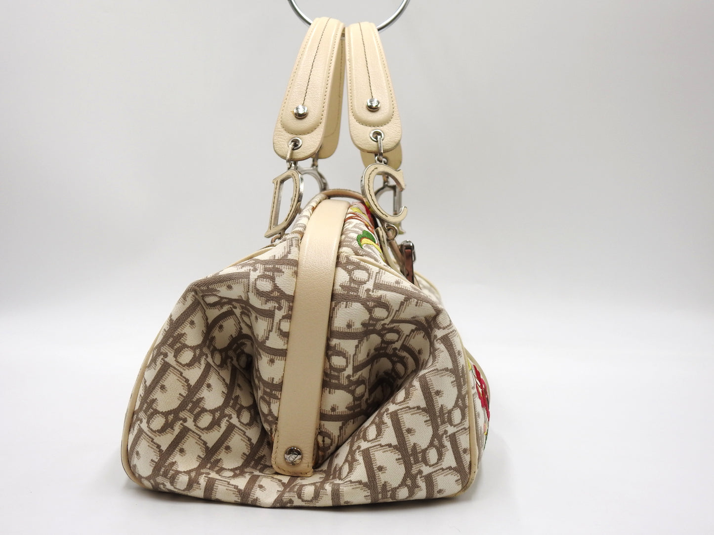 Christian Dior Trotter Embroidered Flower Tote Hand Bag Canvas Beige