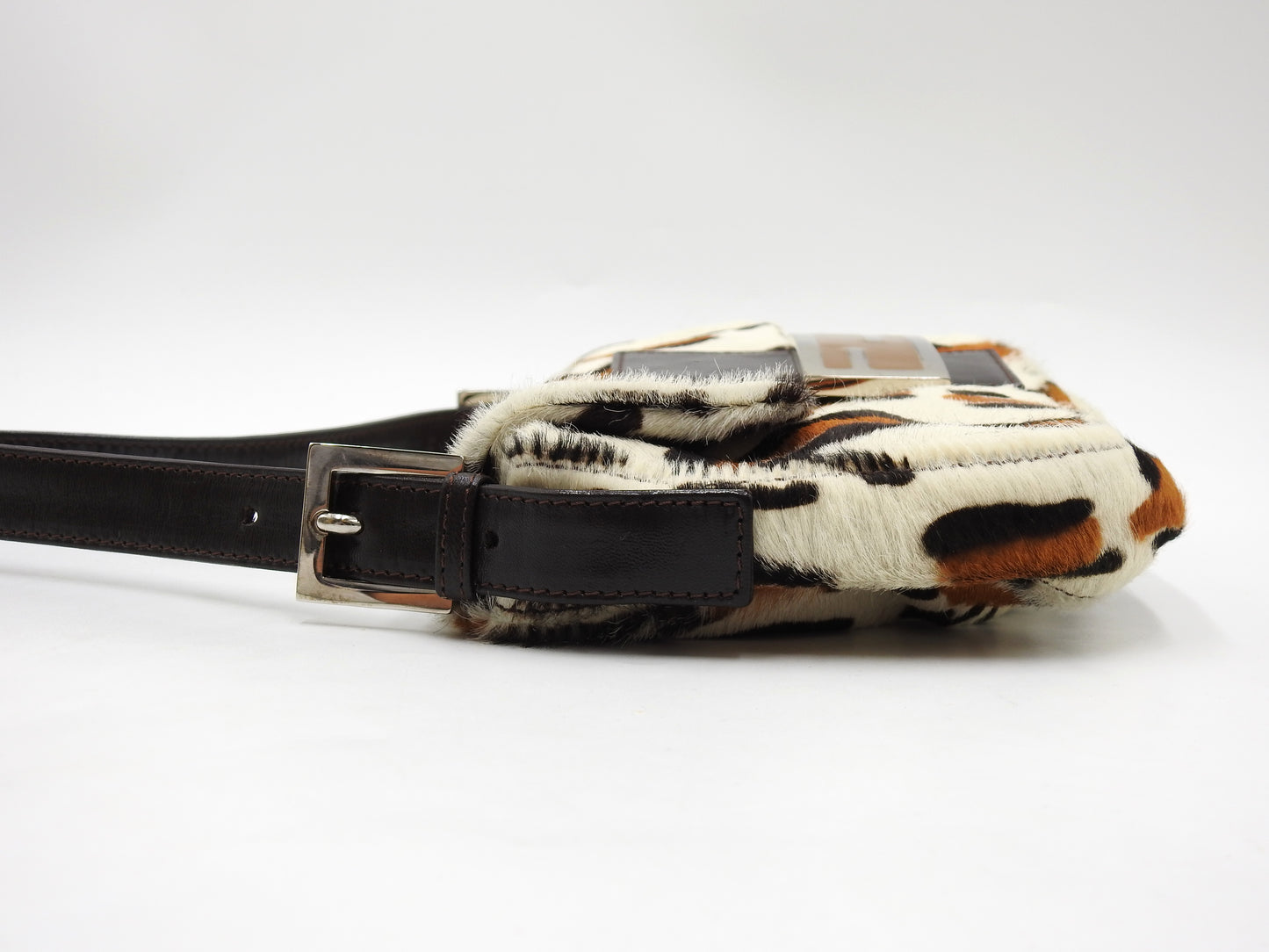 FENDI Leopard Mamma Baguette Shoulder Hand Bag Leather White Brown Silver