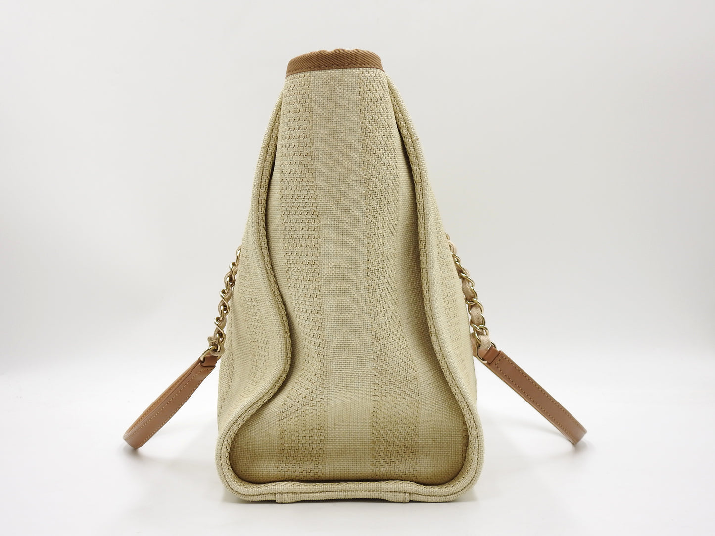 CHANEL Deauville MM Chain Tote Shoulder Bag Straw Canvas Beige Brown A67001