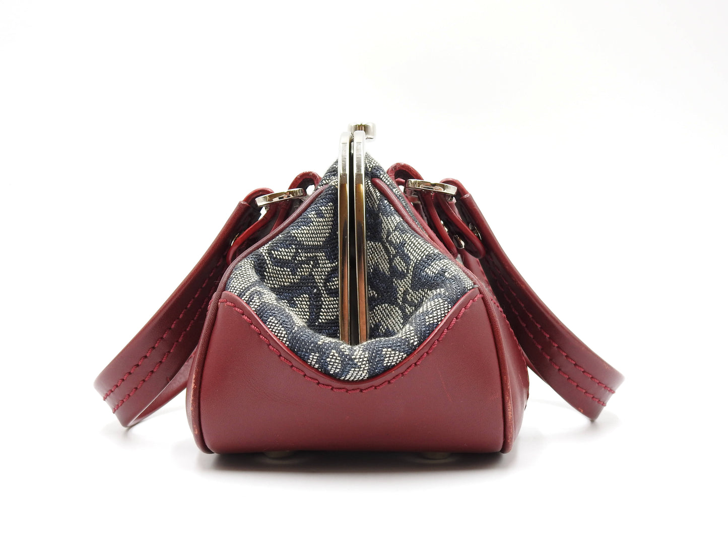Christian Dior Trotter Kiss Lock Mini Hand Bag Canvas Leather Navy Red