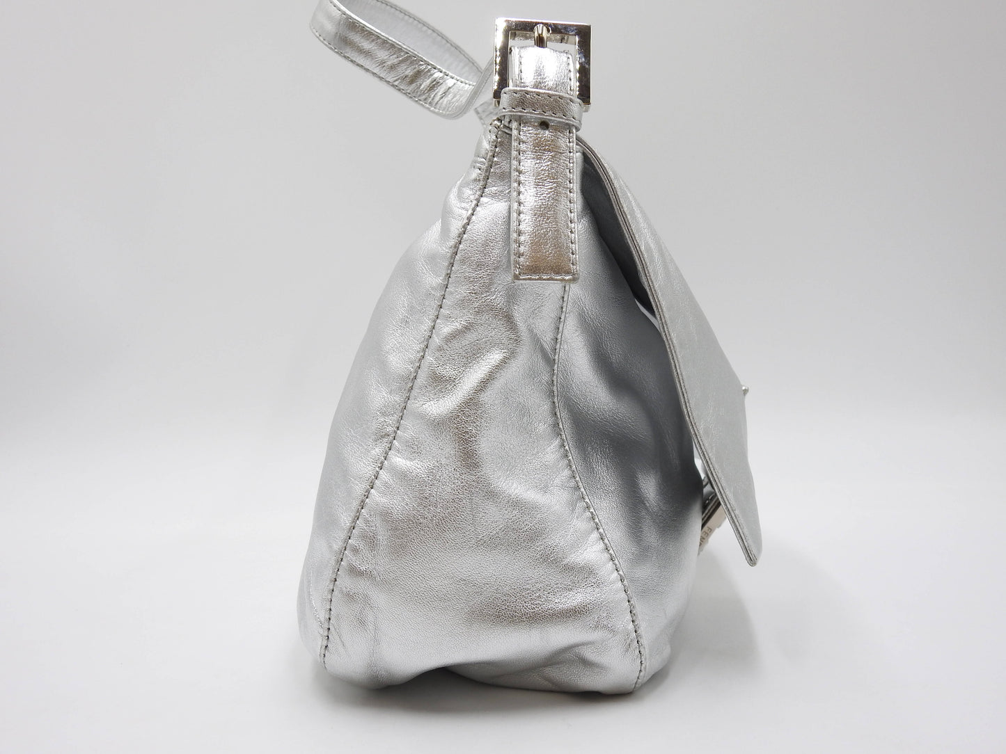 FENDI Mamma Baguette Shoulder Hand Bag Leather Rhinestone Silver