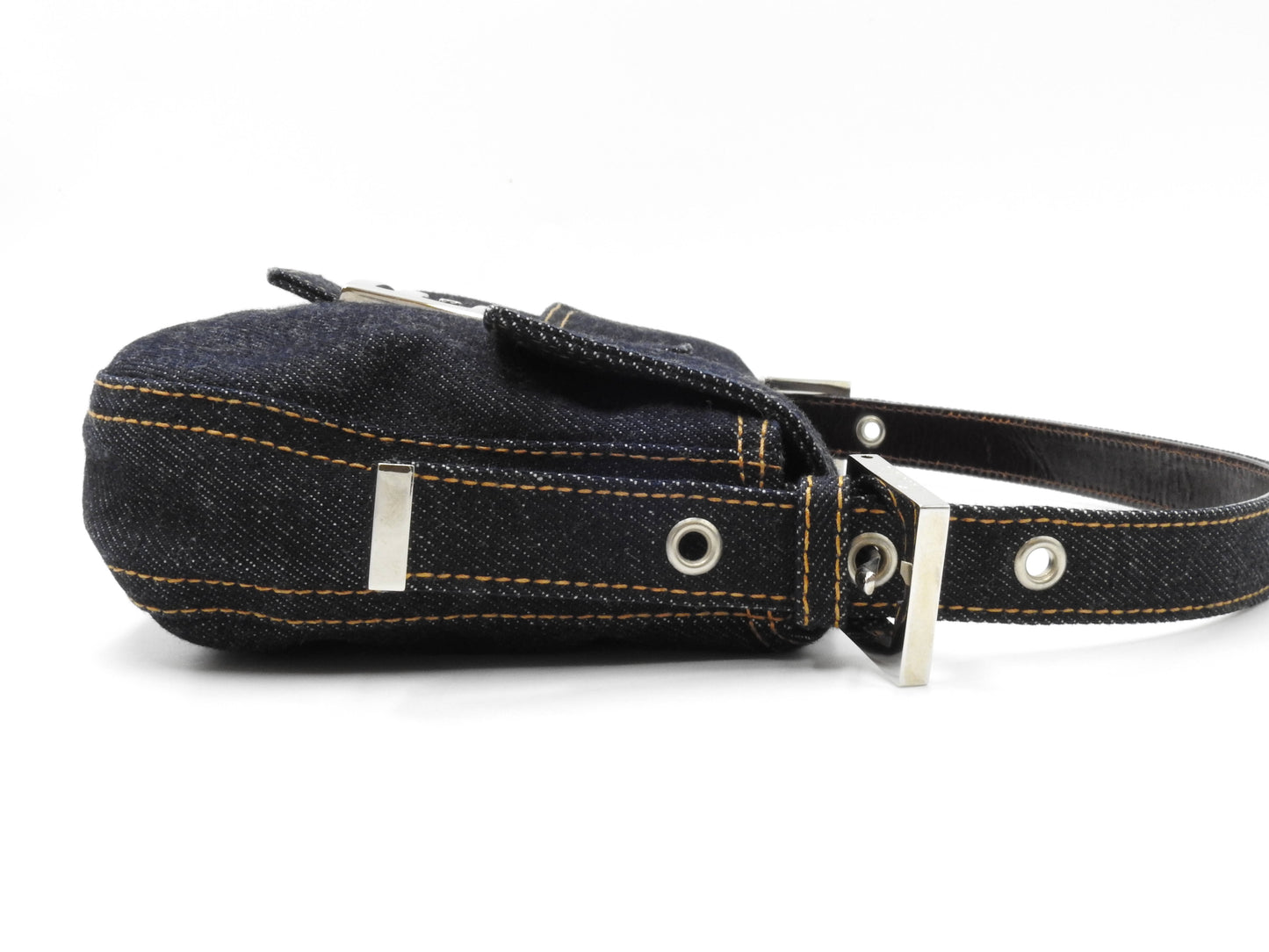 Auth FENDI Mamma Baguette Shoulder Hand Bag Denim Navy Silver Hardware