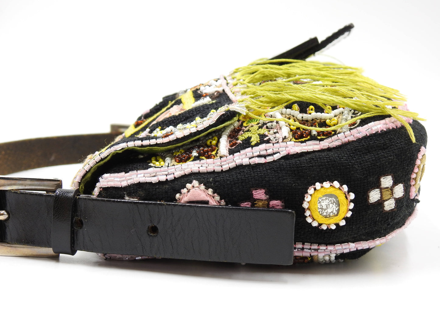 FENDI Mamma Baguette Shoulder Hand Bag Embroidered Beaded Fringe Black