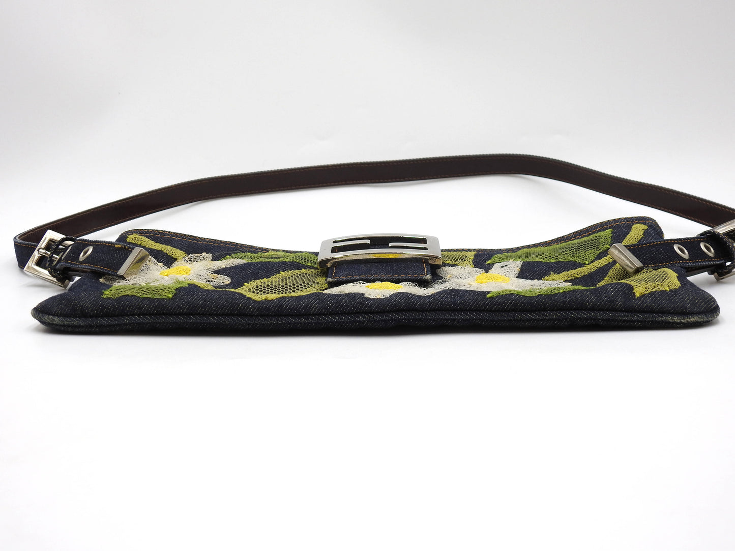 FENDI Denim Mamma Baguette Shoulder Hand Bag Flower Embroidered Navy