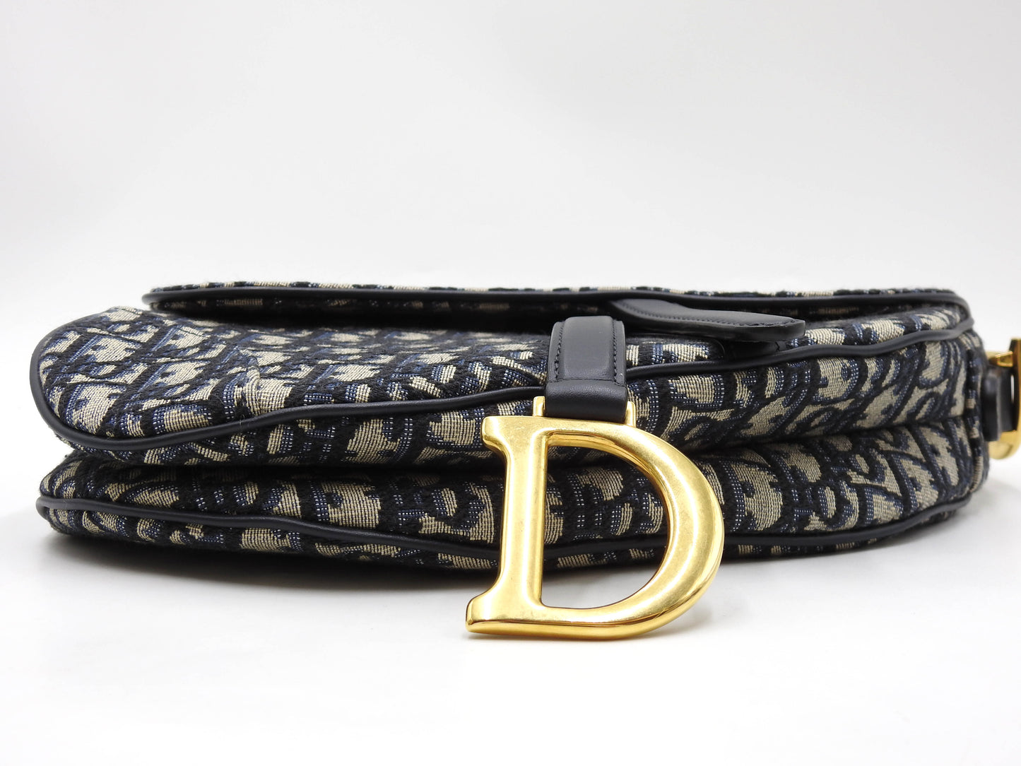 Christian Dior Oblique Jacquard Saddle Bag Shoulder Hand Bag Leather Navy
