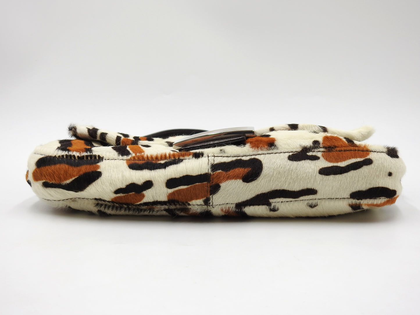 FENDI Leopard Mamma Baguette Shoulder Hand Bag Leather White Brown Silver