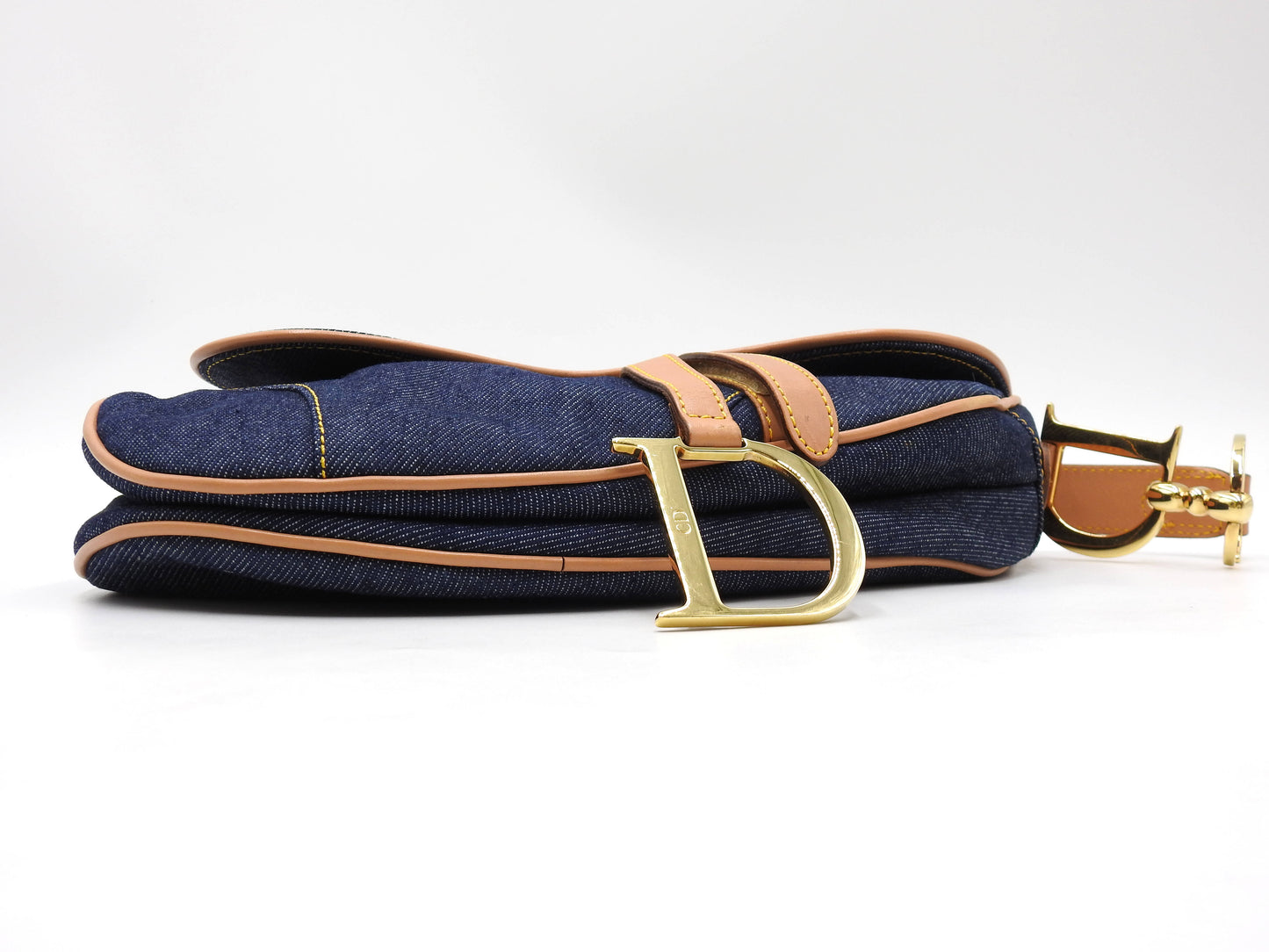 Christian Dior Saddle Bag Shoulder Hand Bag Denim Canvas Leather Navy Gold