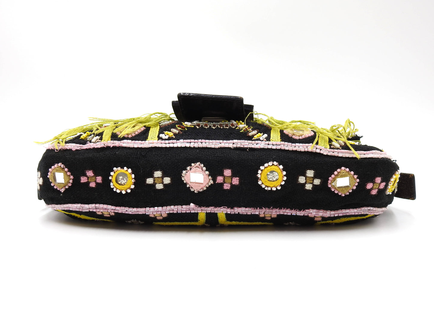 FENDI Mamma Baguette Shoulder Hand Bag Embroidered Beaded Fringe Black