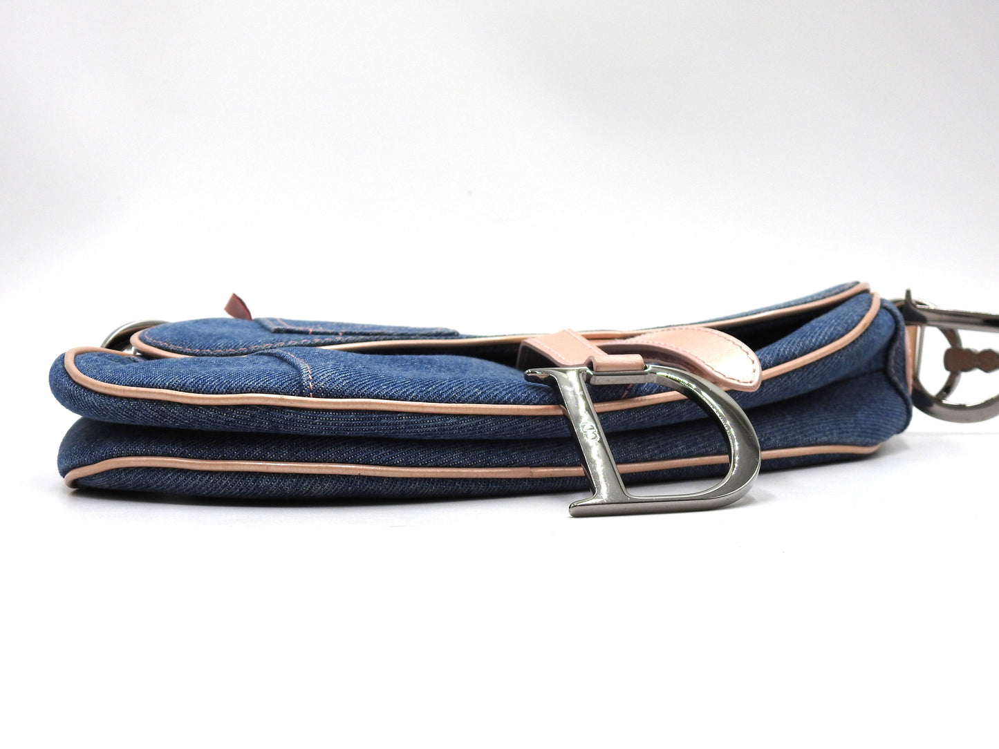 Christian Dior Saddle Bag Shoulder Hand Bag Denim Patent Leather Blue PInk