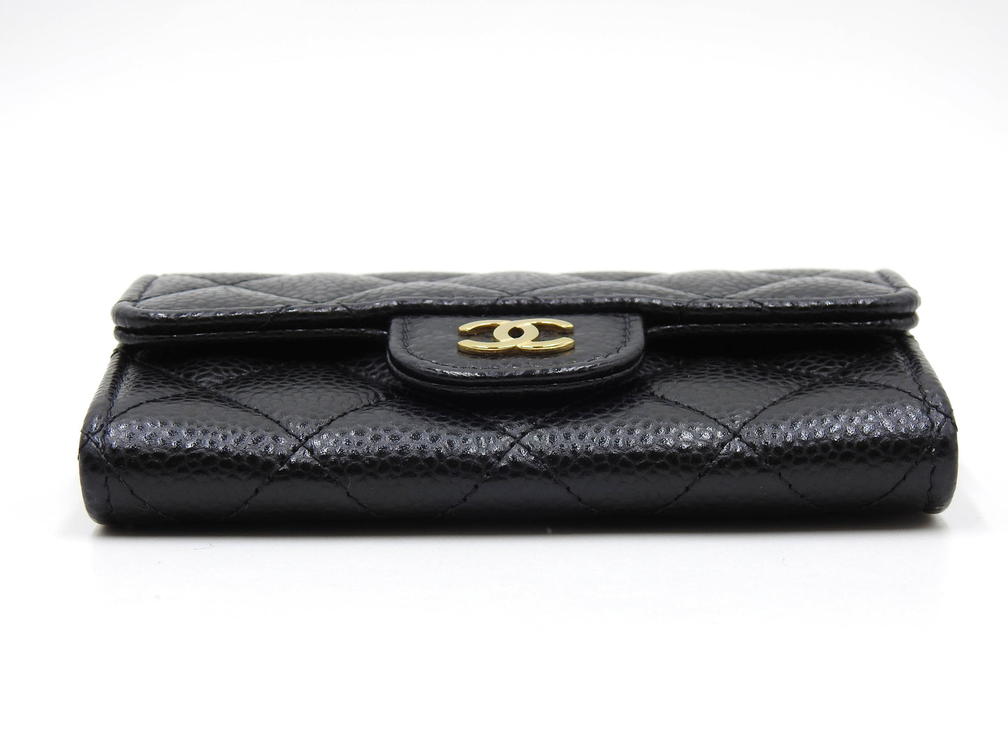 CHANEL CC Matelasse Card Case Holder Caviarskin Black Gold AP0214