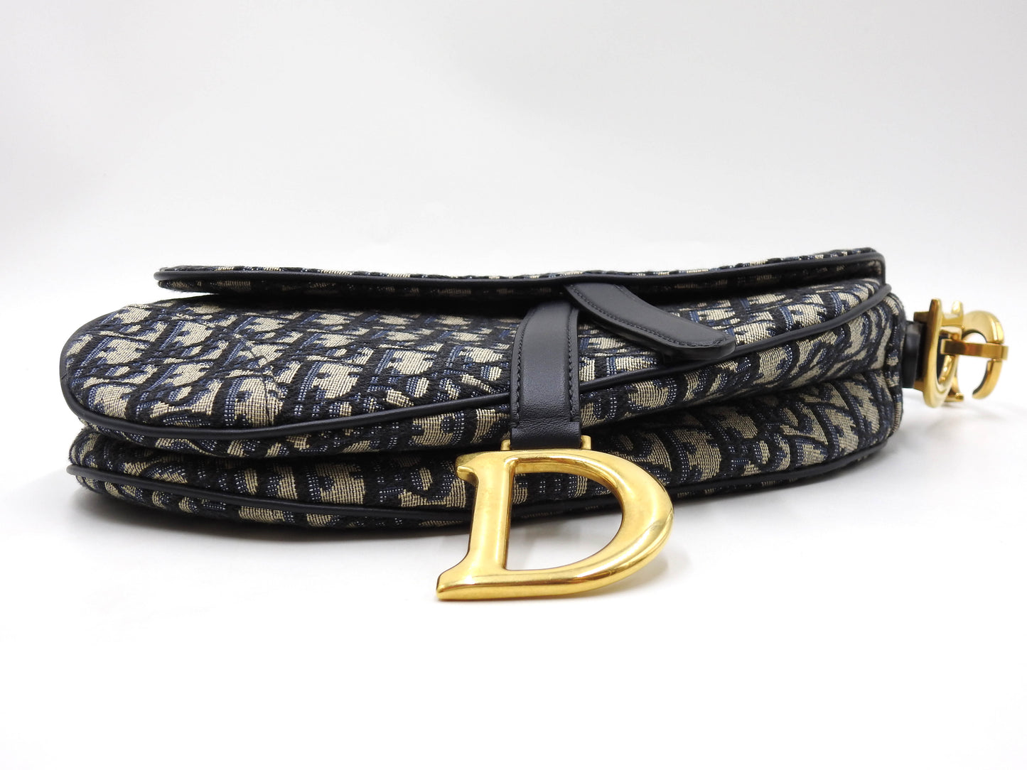 Christian Dior Oblique Jacquard Saddle Bag Shoulder Hand Bag Leather Navy