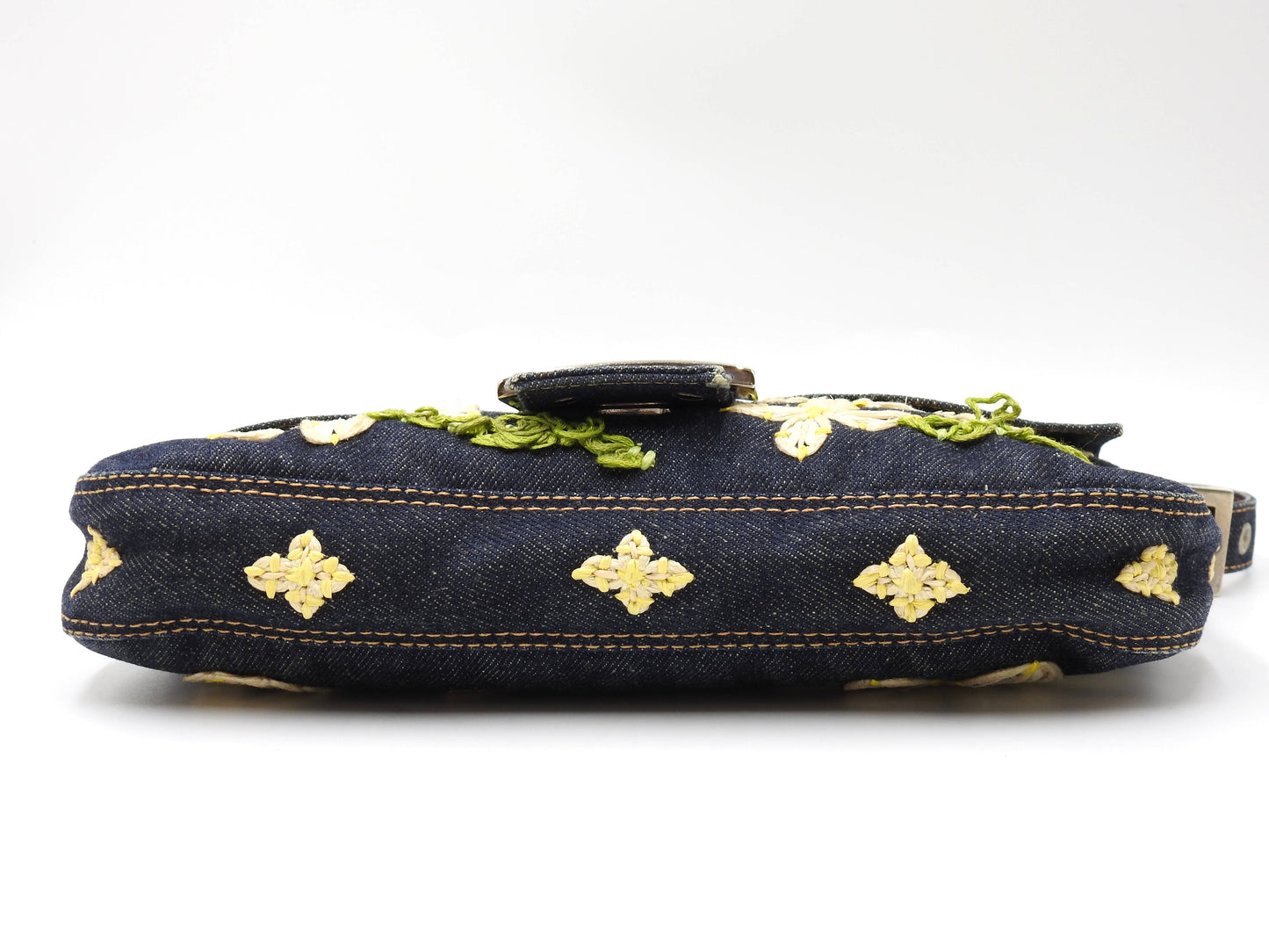 FENDI Denim Mamma Baguette Shoulder Hand Bag Flower Embroidered Navy