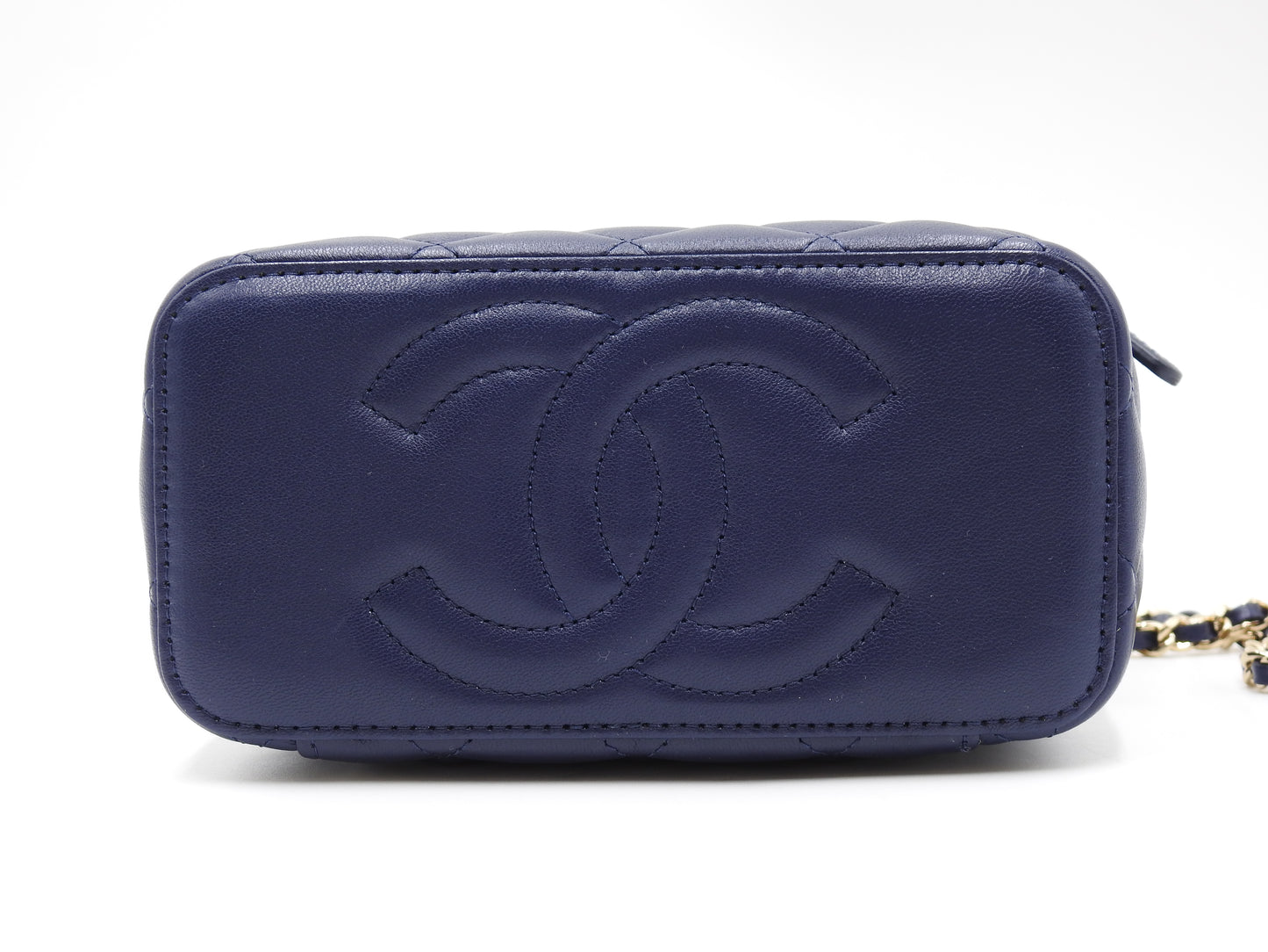 CHANEL CC Matelasse Top Handle 2way Chain Vanity Bag Lambskin Navy Gold