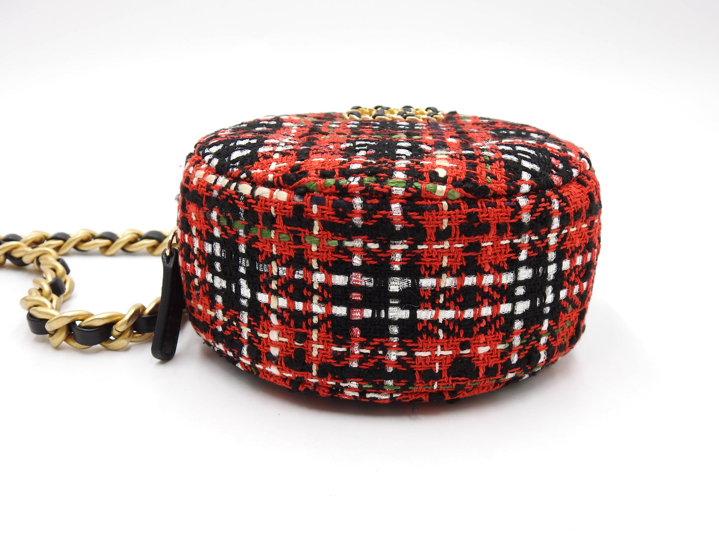 CHANEL 19 Round Chain Clutch Shoulder Bag Tweed Leather Red Black AP0945