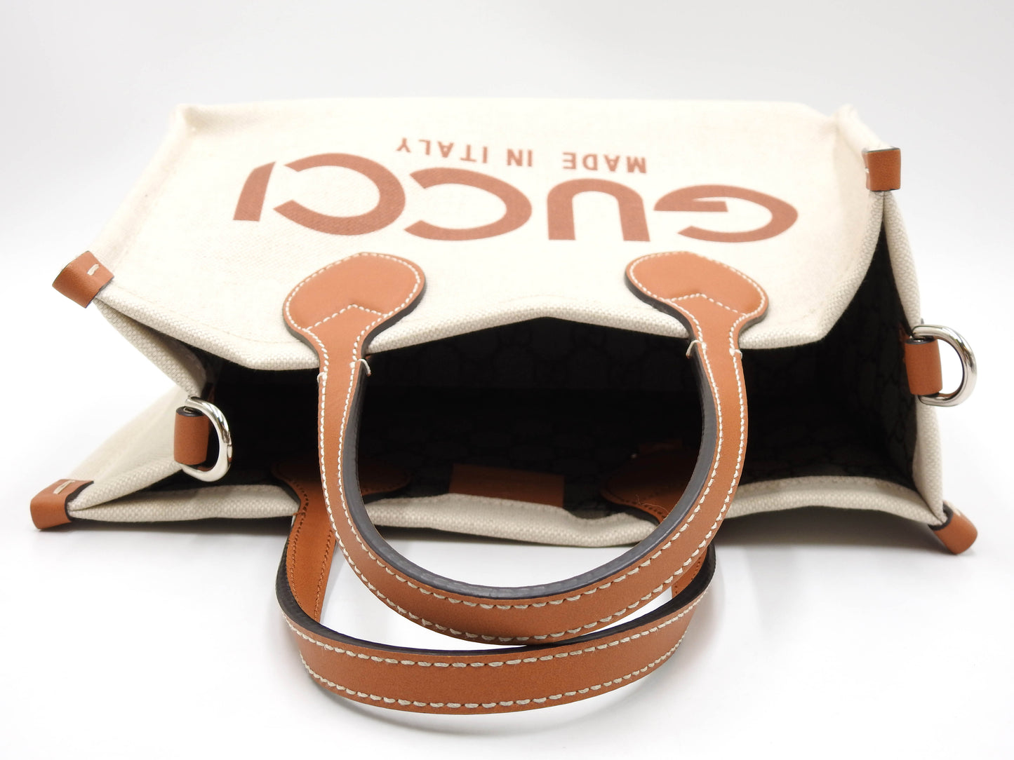 GUCCI Logo Print Medium 2way Shoulder Tote Bag Canvas Beige Brown 772144