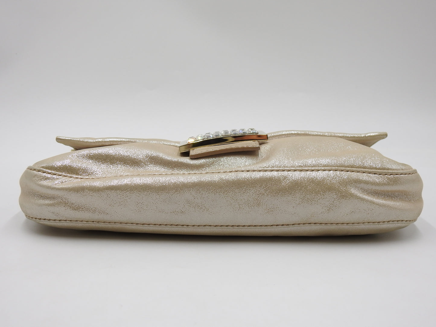 FENDI Crystal Mamma Baguette Shoulder Hand Bag Leather Beige Gold 8BR600