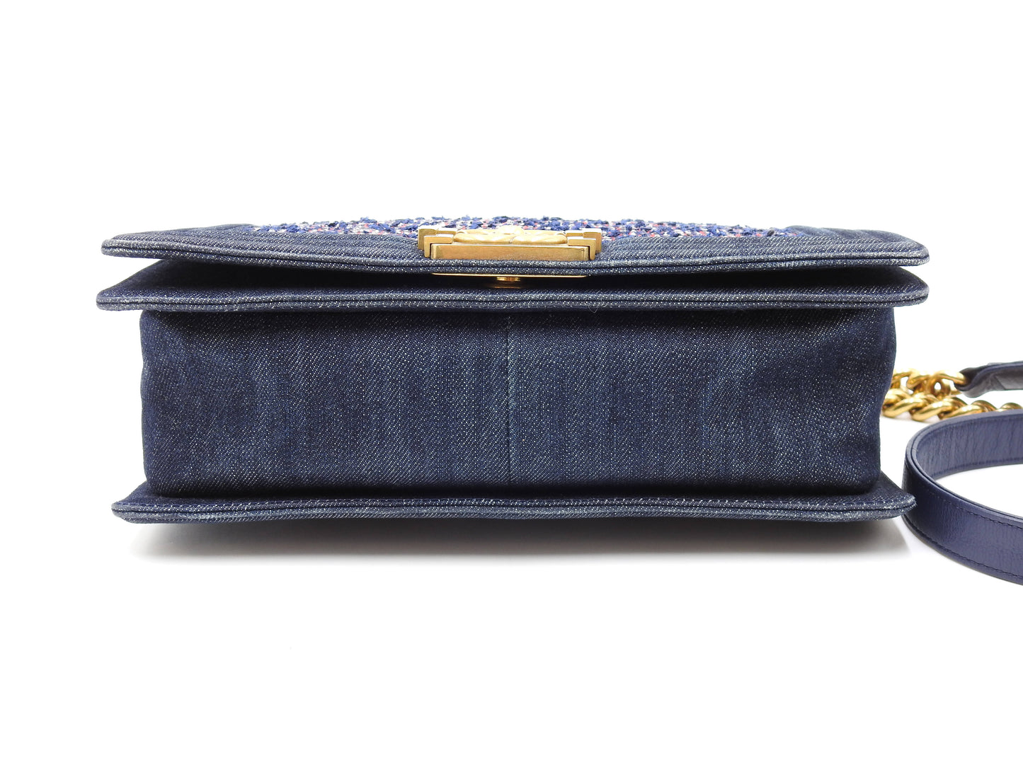 CHANEL Medium Boy Flap 25 Chain Shoulder Bag Denim Tweed Blue Gold A67086