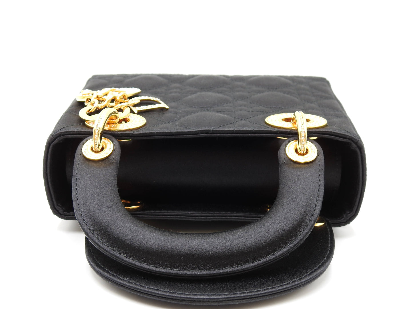 Christian Dior Lady Dior Mini Cannage Hand Bag Satin Crystal Black Gold