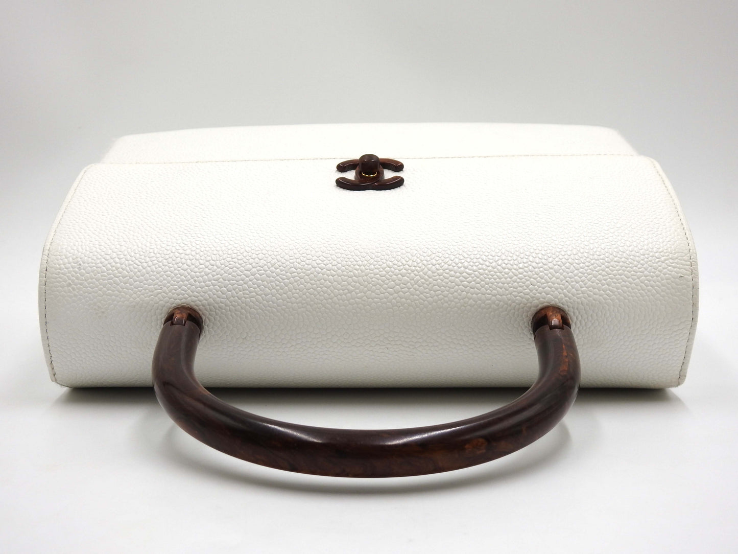 CHANEL CC Kelly Flap Wood Hand Bag Caviarskin Leather White