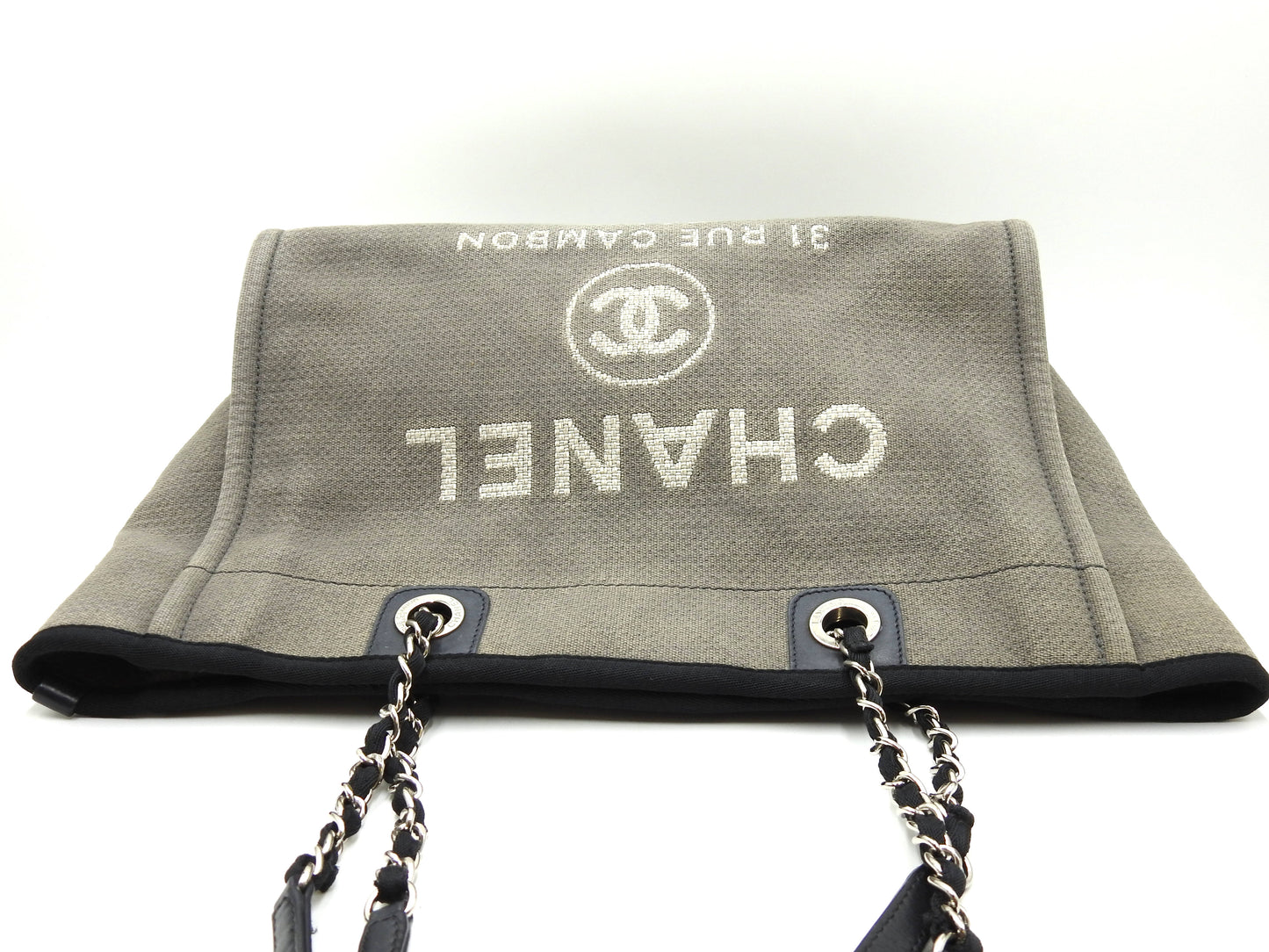 Chanel Deauville MM Tote Bag Shoulder Bag Canvas Gray Silver A67001