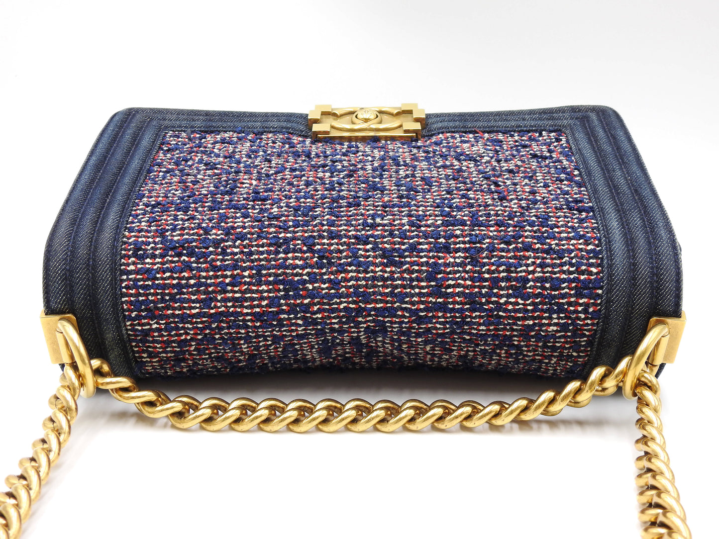 CHANEL Medium Boy Flap 25 Chain Shoulder Bag Denim Tweed Blue Gold A67086