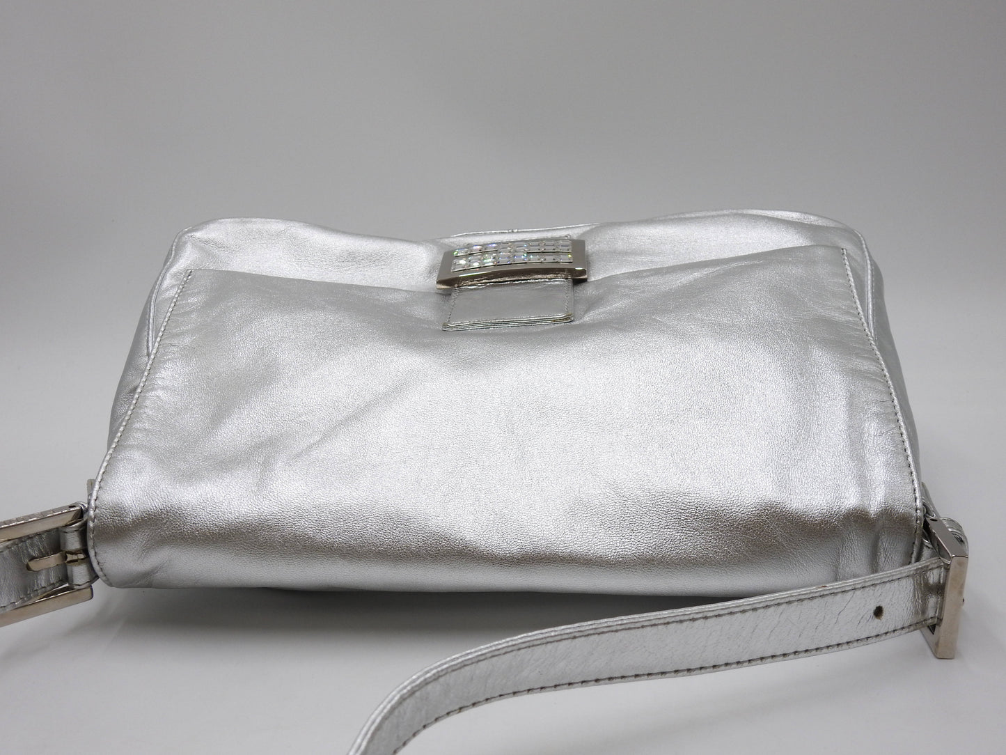 FENDI Mamma Baguette Shoulder Hand Bag Leather Rhinestone Silver