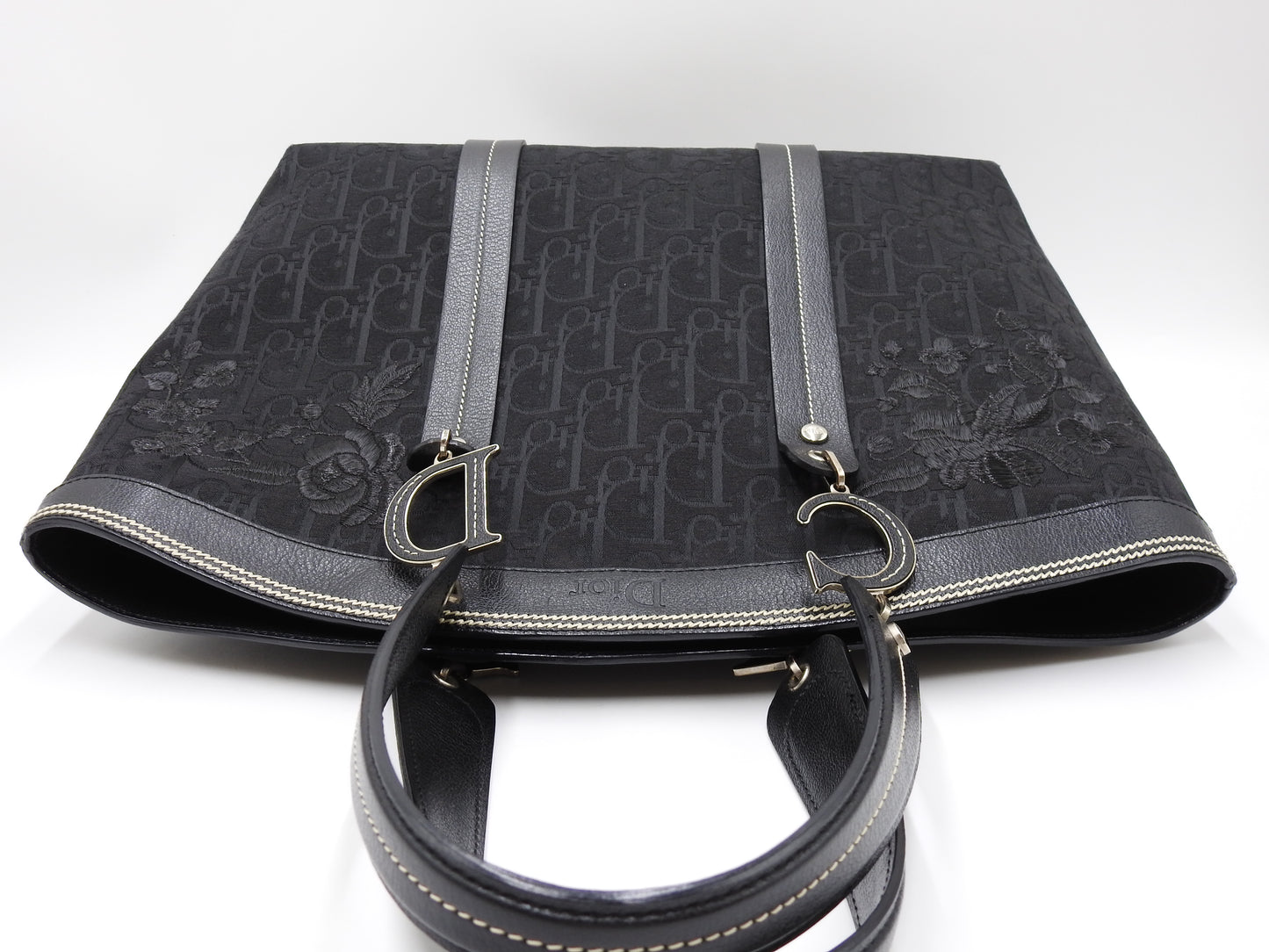 Christian Dior Trotter Flower Embroidery Shoulder Hand Bag Canvas Black