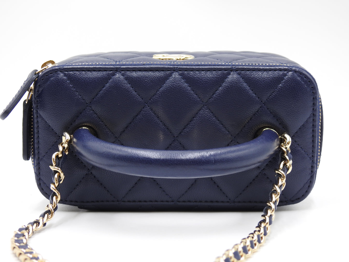CHANEL CC Matelasse Top Handle 2way Chain Vanity Bag Lambskin Navy Gold