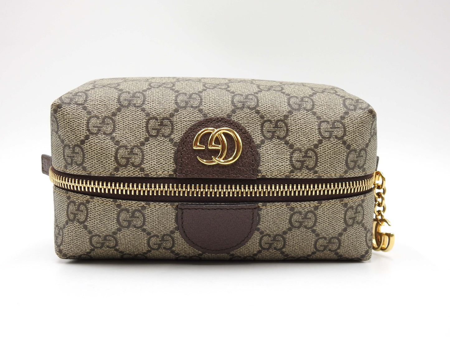GUCCI GG Supreme Cosmetic Pouch PVC Leather Beige Brown Green 548393