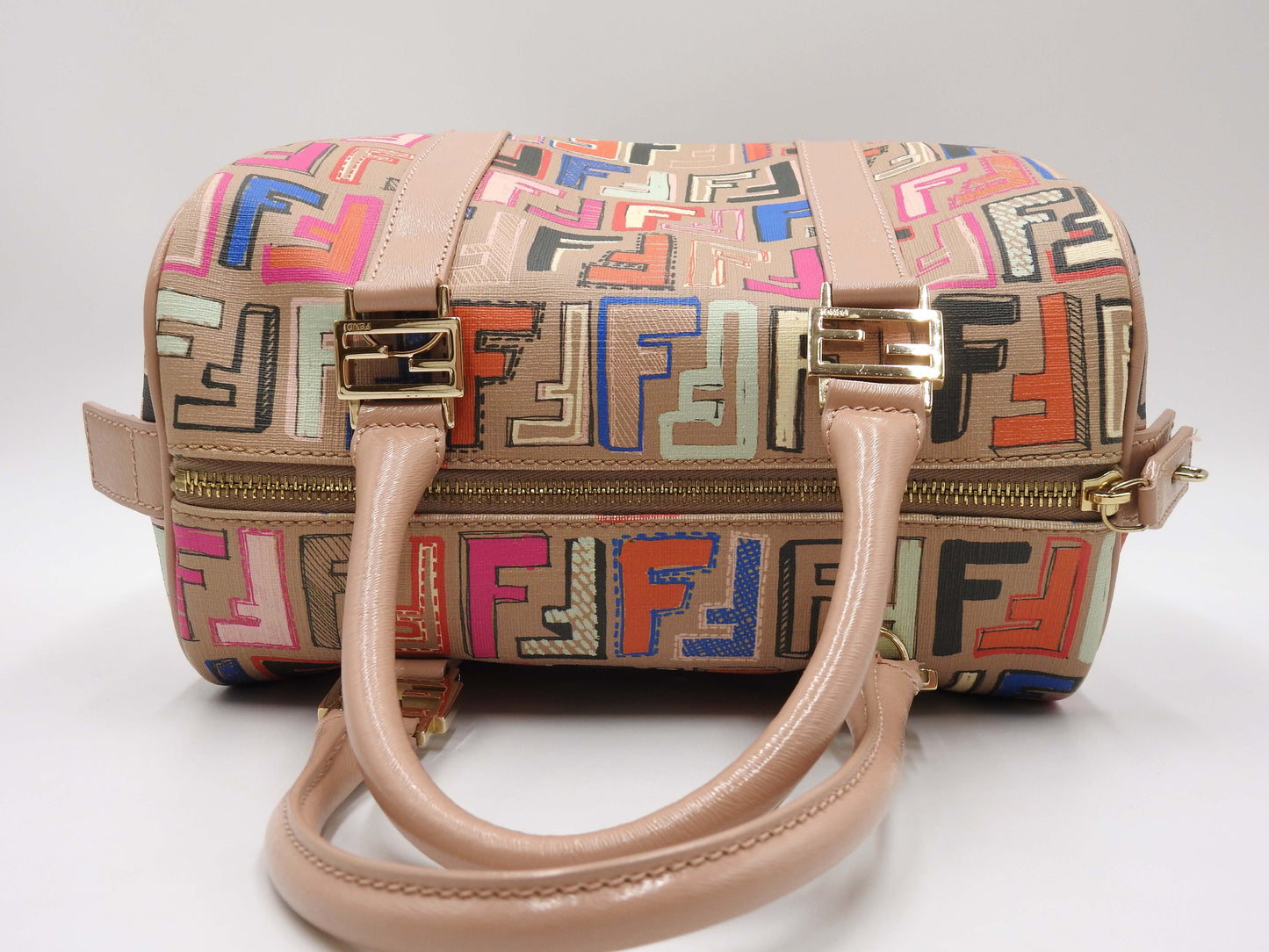 FENDI Zucca Boston Hand Bag PVC Leather Beige Multicolor 8BL068