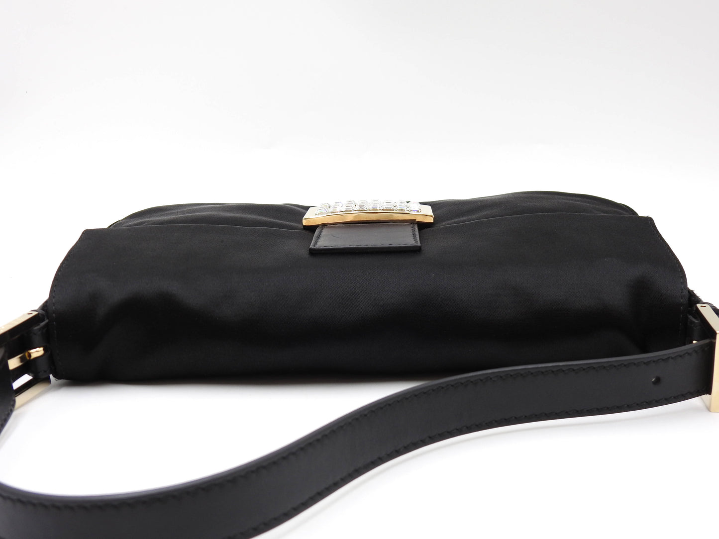 FENDI Mamma Baguette Shoulder Hand Bag Satin Leather Crystal Black 8BR600