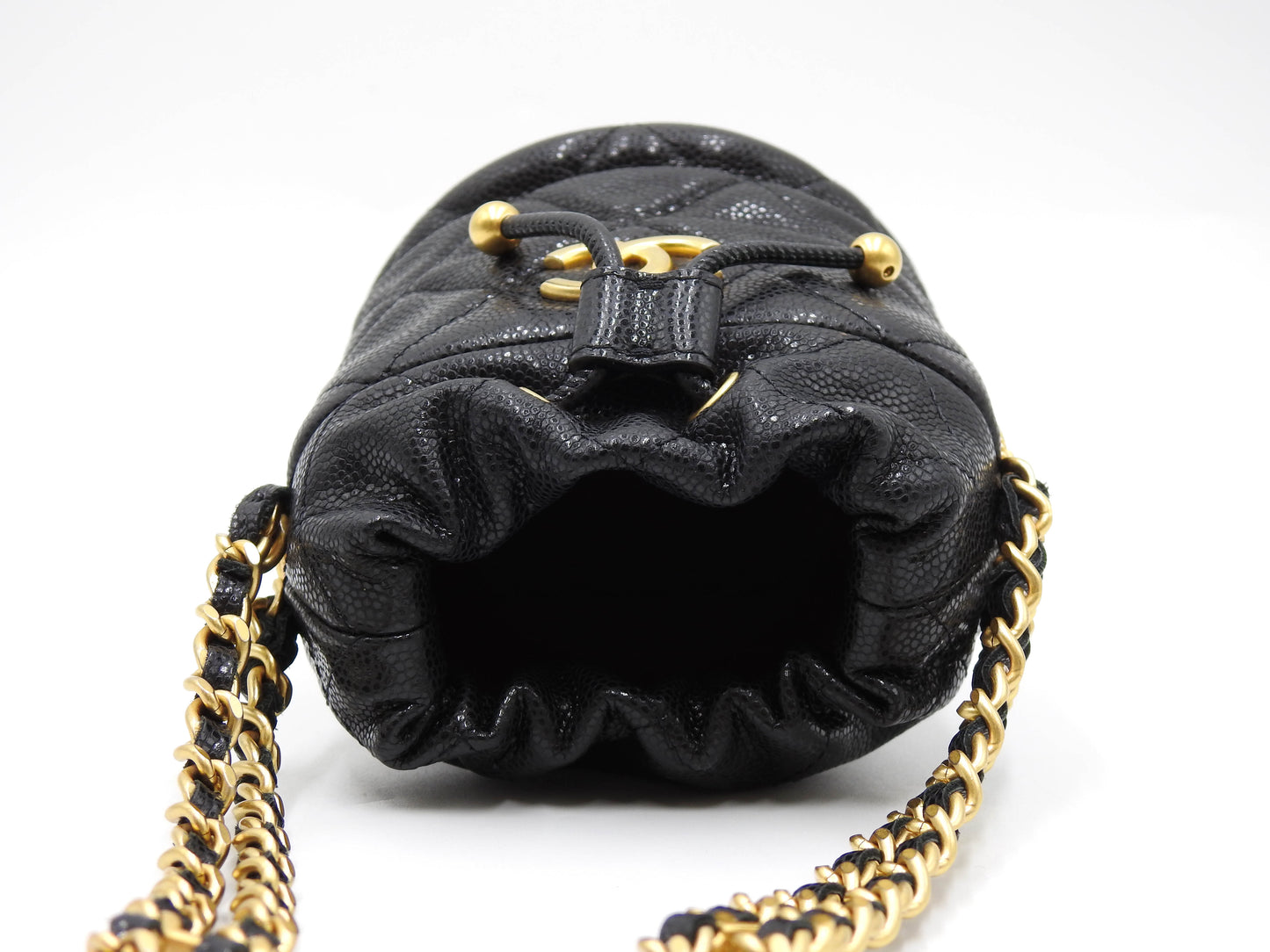 CHANEL CC Matelasse Mini Chain Bucket Shoulder Bag Caviarskin Black Gold