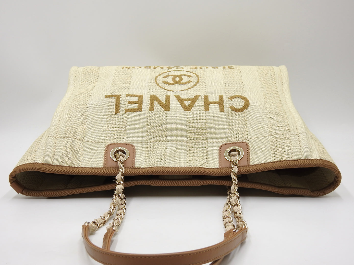 CHANEL Deauville MM Chain Tote Shoulder Bag Straw Canvas Beige Brown A67001