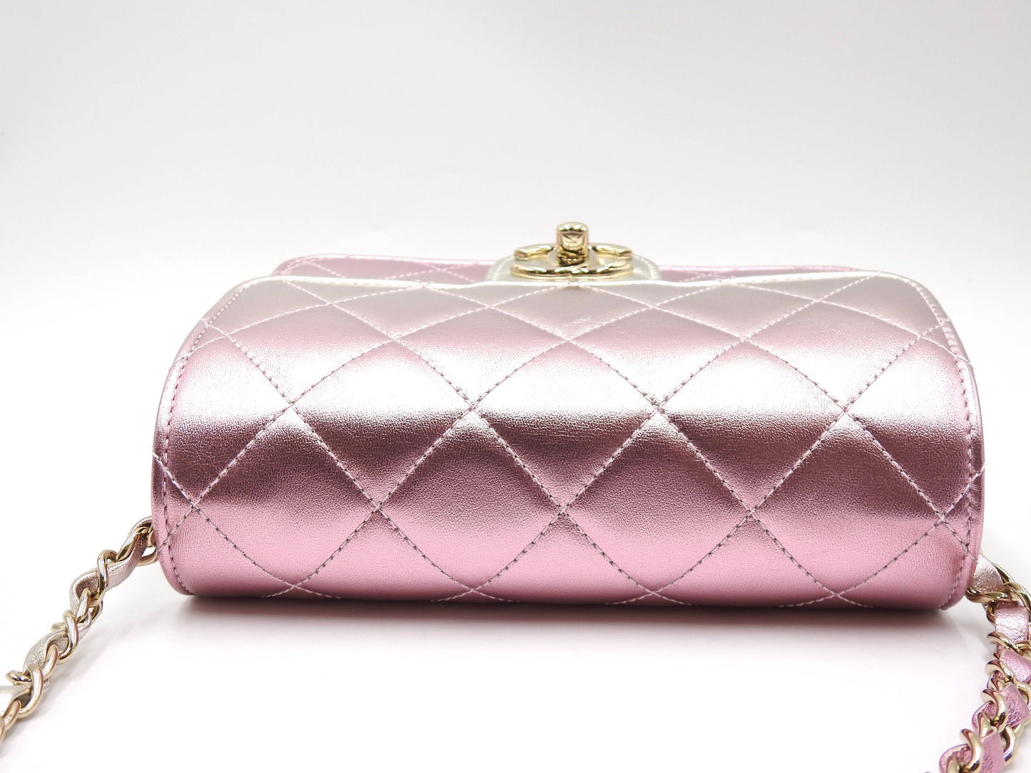 CHANEL Mini Flap Chain Shoulder Bag Lambskin Metallic Silver Pink AS3002