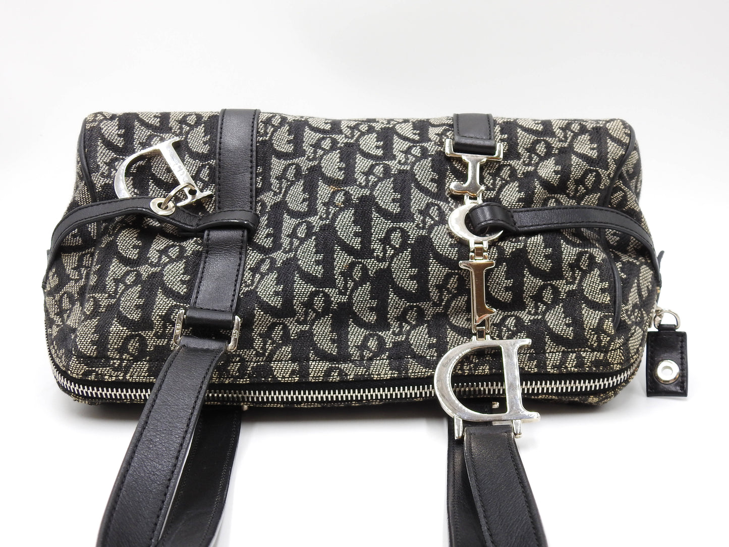 Christian Dior Trotter Oblique Boston Hand Bag Canvas Leather Black