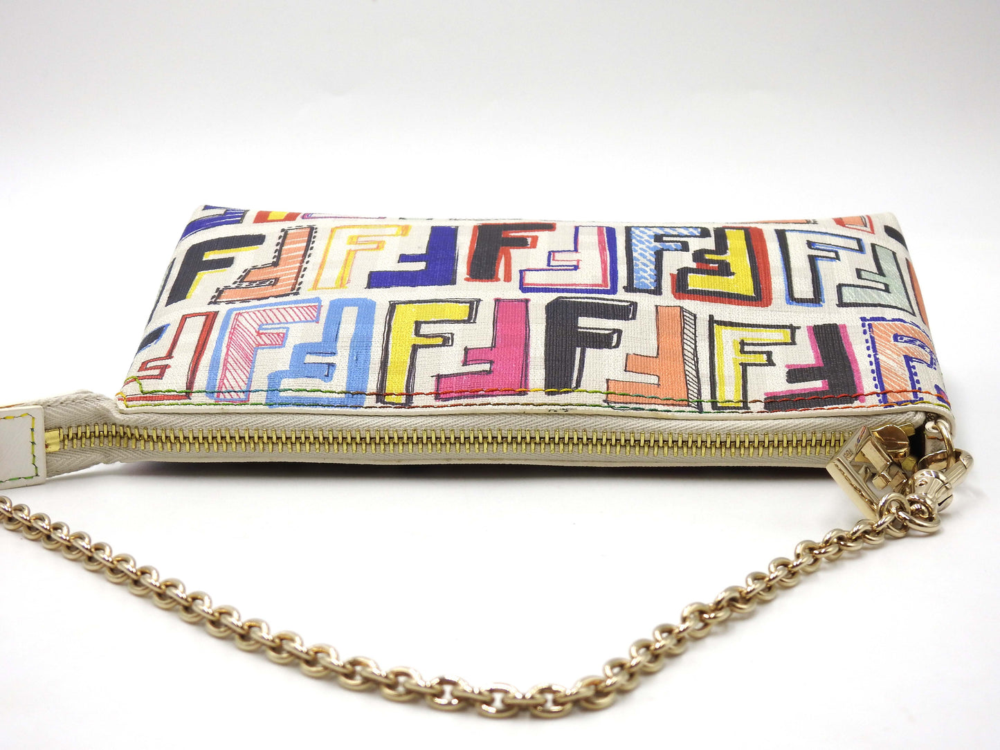 FENDI Zucca Chain Bag Pochette Accessories Cosmetic Pouch White 8BR592