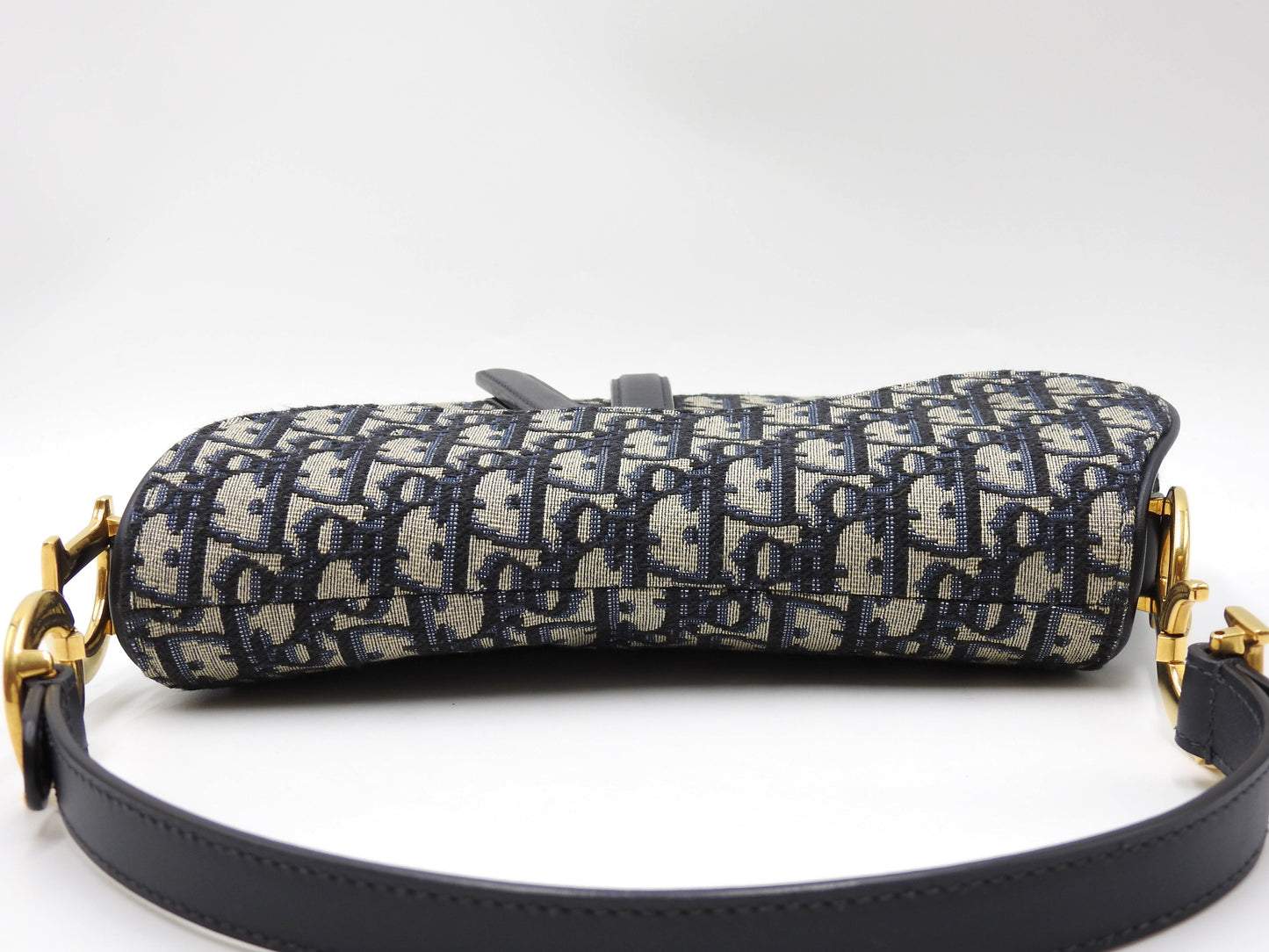 Christian Dior Oblique Jacquard Saddle Bag Shoulder Hand Bag Leather Navy