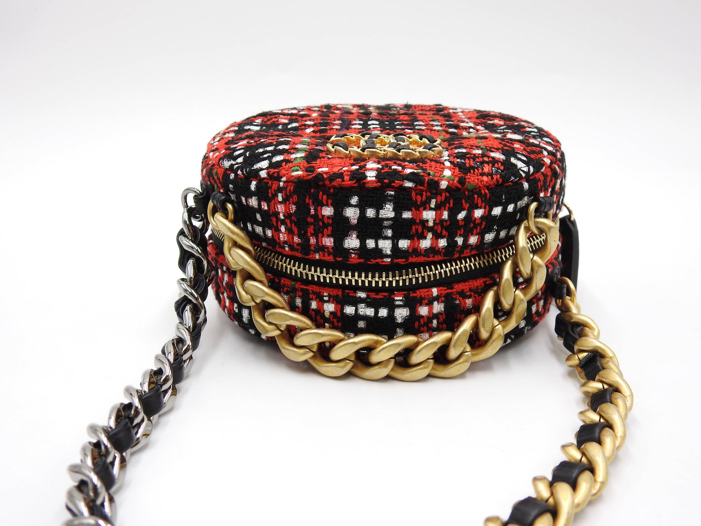 CHANEL 19 Round Chain Clutch Shoulder Bag Tweed Leather Red Black AP0945
