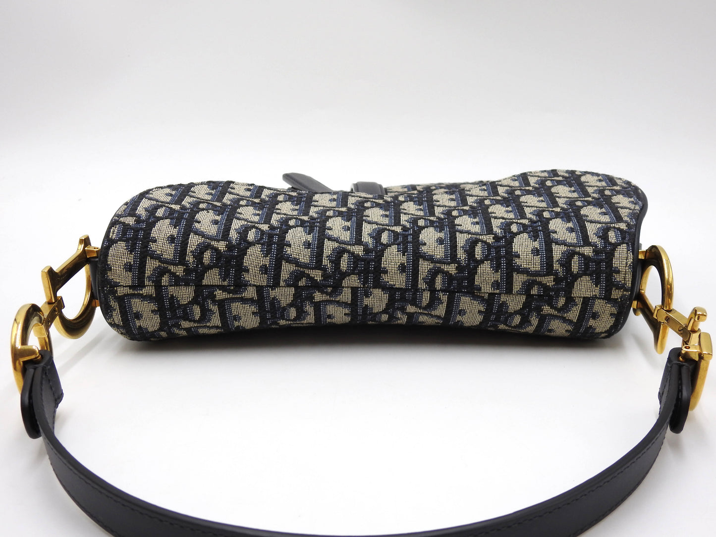 Christian Dior Oblique Jacquard Saddle Bag Shoulder Hand Bag Leather Navy