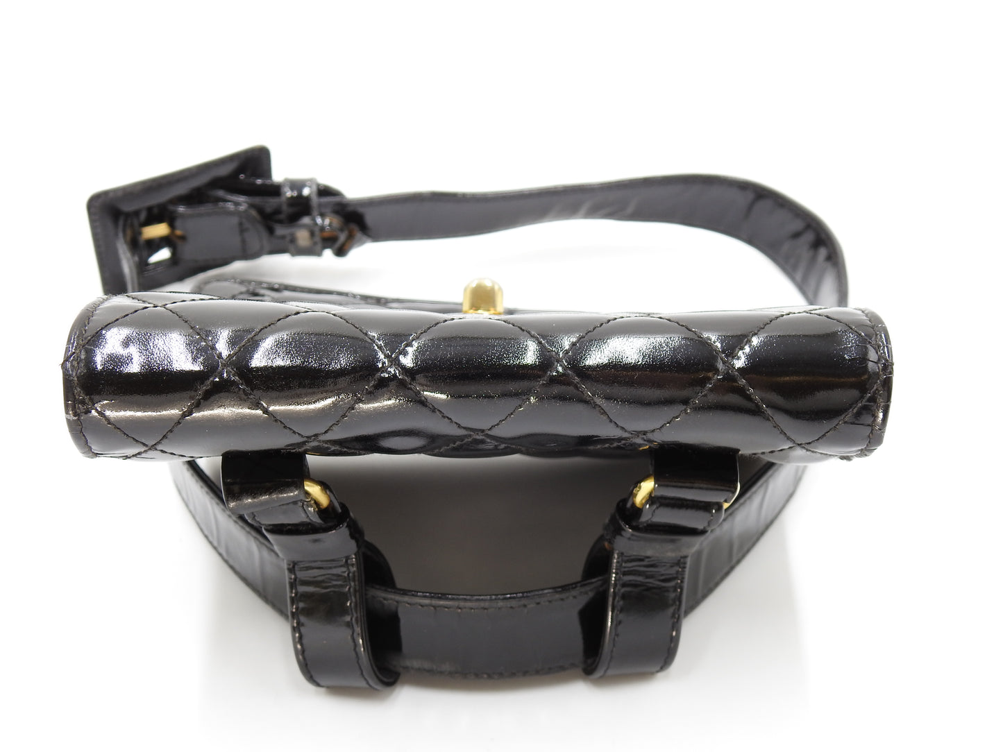 CHANEL CC Matelasse Mini Waist Belt Bag Enamel Patent Leather Black Gold