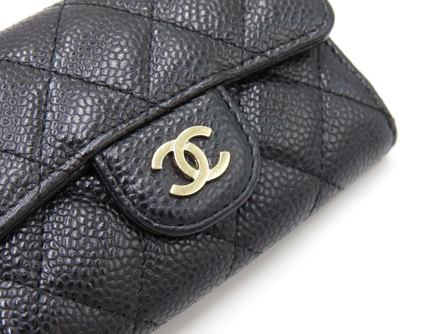 CHANEL CC Matelasse 4 Ring Key Holder Case Caviarskin Black Gold AP0222
